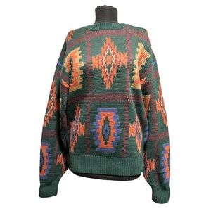 Vintage 90s New 100% Wool Crewneck Sweater Horse Equestrian Geometric AztecPrint